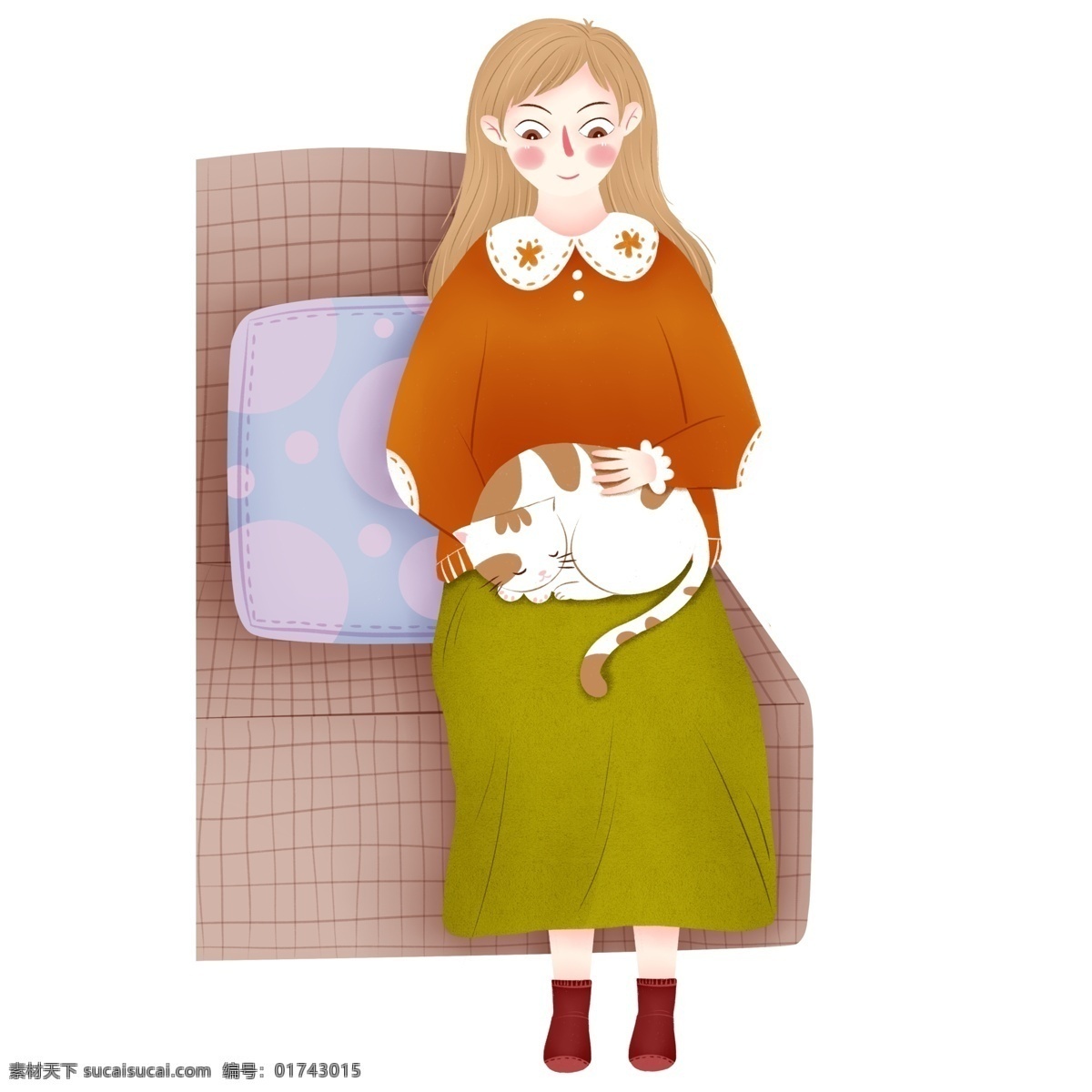 抱 猫 坐在 沙发 上 女孩 元素 卡通 可爱女孩 人物元素 精致人物 手绘元素 装饰图案 设计元素 卡通元素