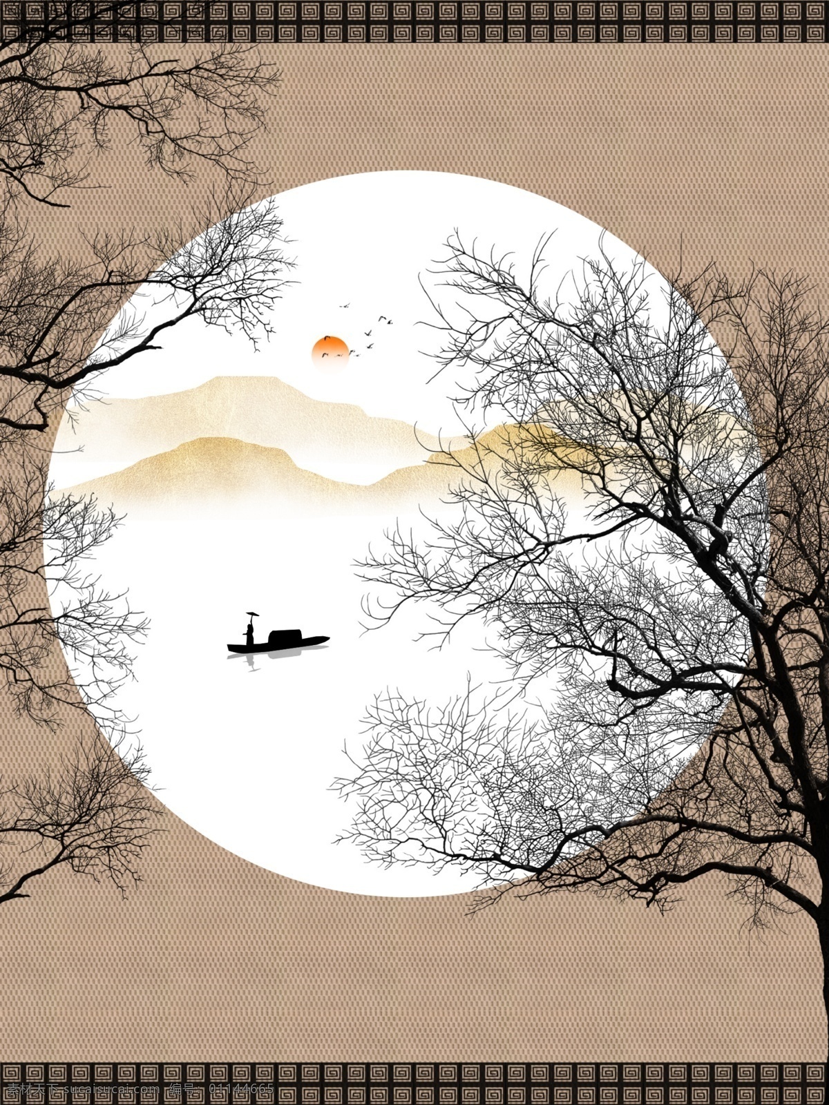 新 中式 传统 意境 山水 客厅 装饰画 新中式 山水画 一联画 传统中式 树枝 客厅装饰画 布纹