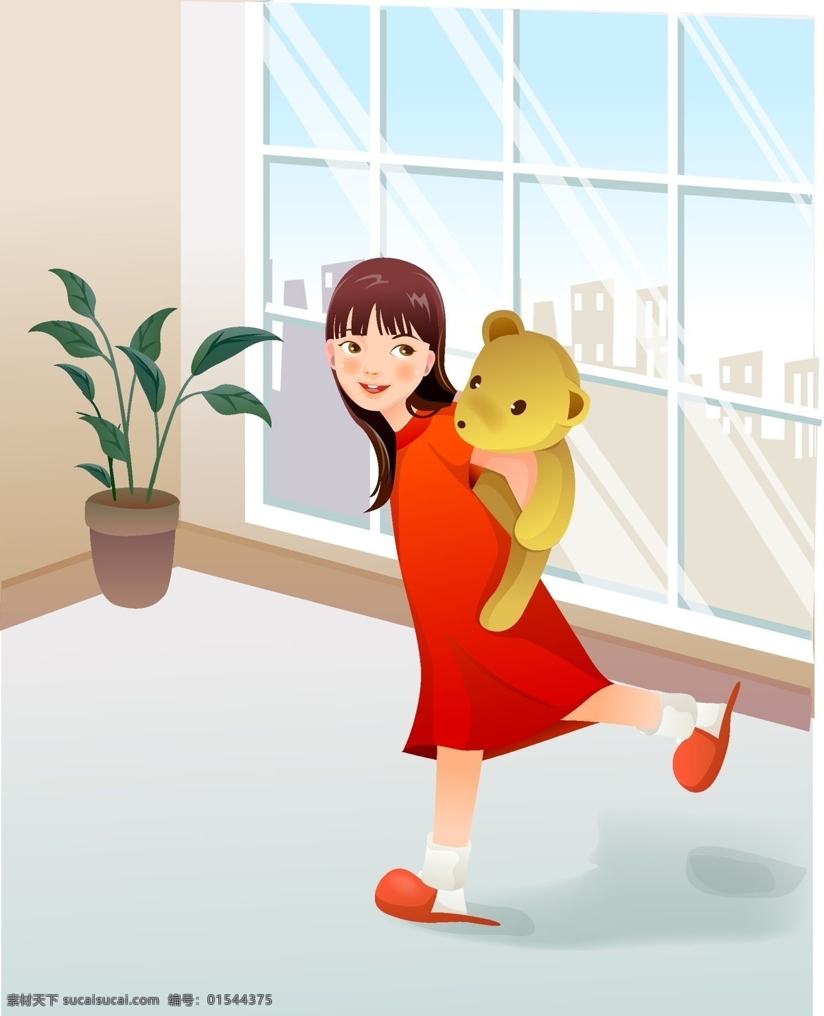 背 小 熊 女孩 红衣 睡衣 背小熊 矢量图 矢量人物
