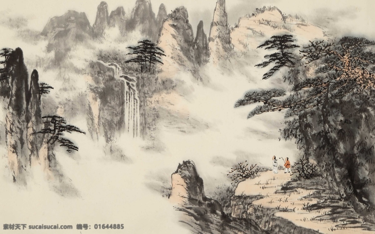 山水画 新中式柏树 迎客松 华山 山峰 山体 黑 暖色 水墨 国画 抽象 古风 水彩 壁画 室内广告设计