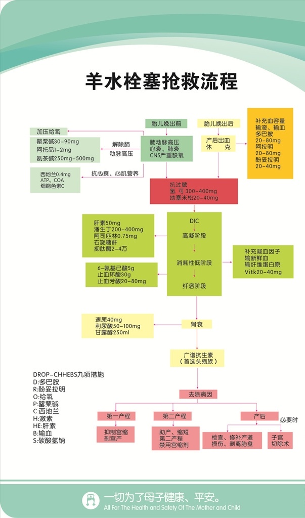 羊水 栓塞 抢救 流程 羊水栓塞抢 救流程 展板 医院 绿色 展板模板