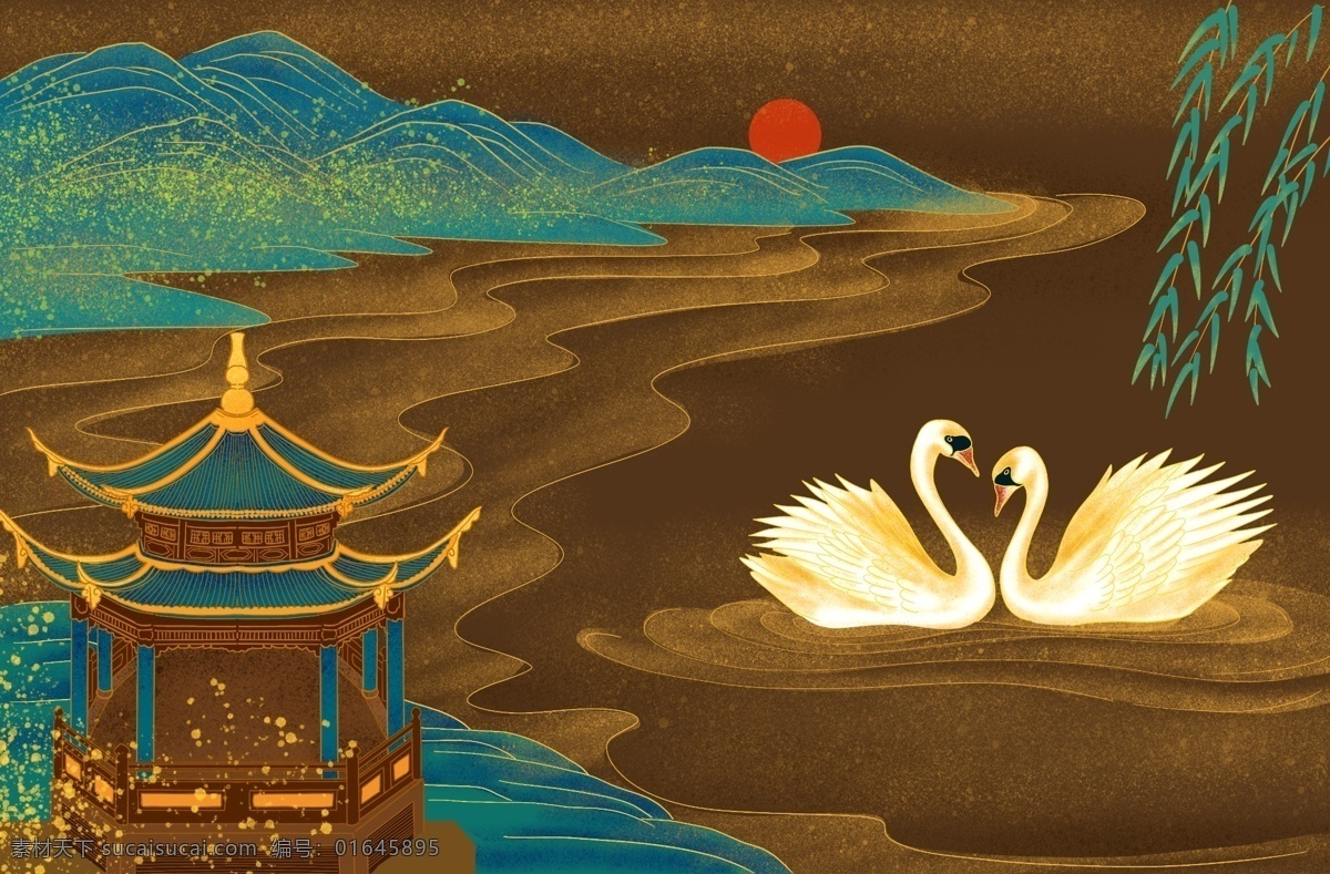 天鹅 凉亭 国风 插画 卡通 海报 古风背景 分层