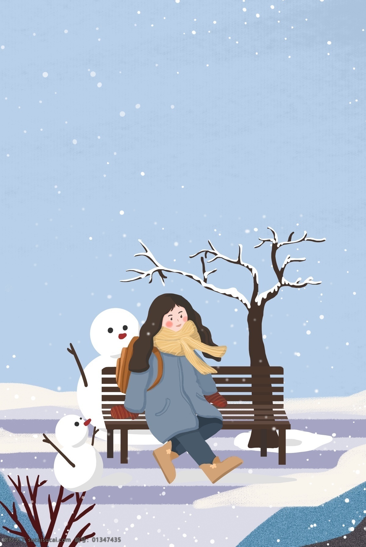 冬日 公园 玩耍 女孩 出行 海报 冬天 长椅 雪地 雪人 插画风 促销海报