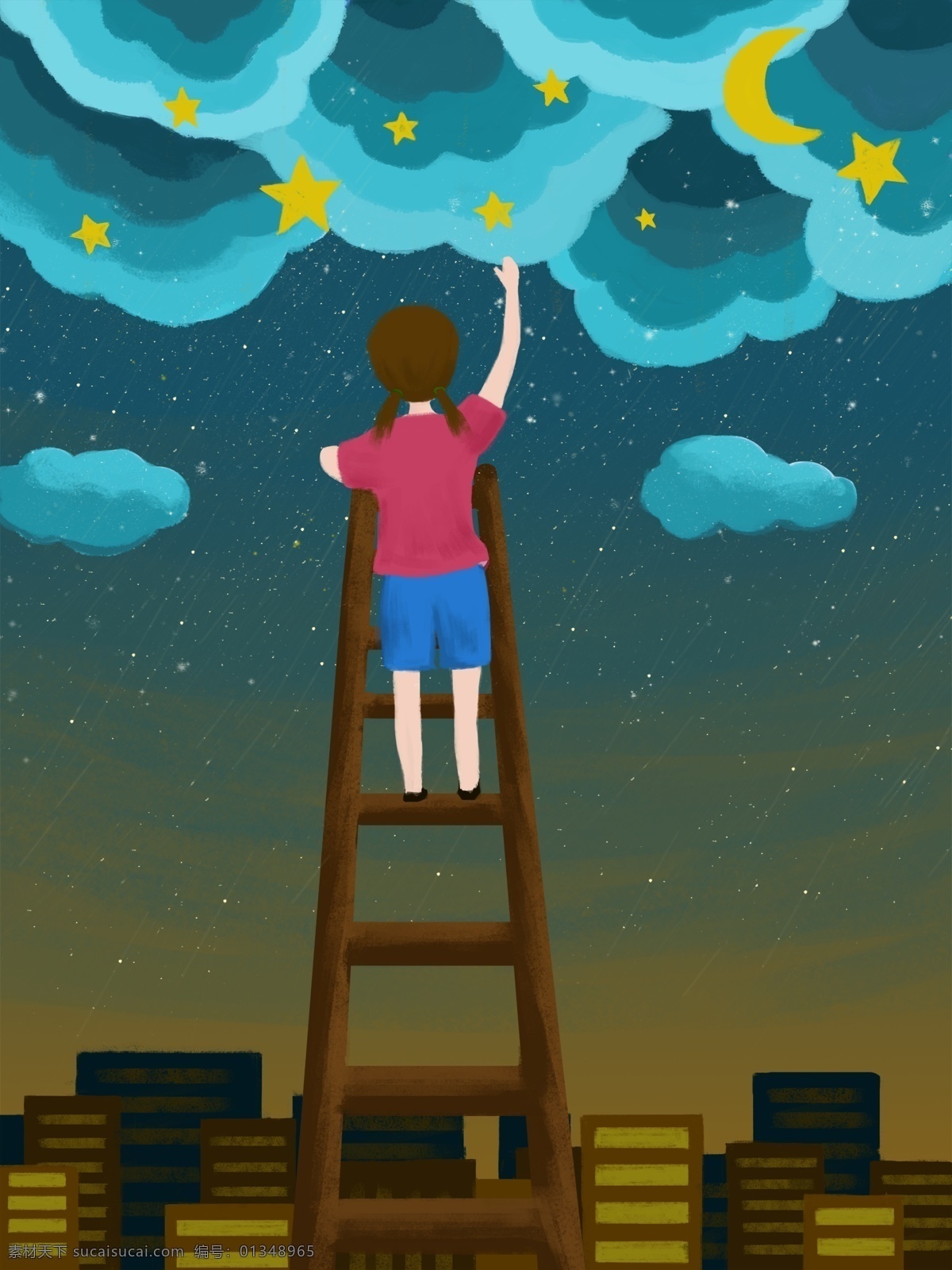 治愈 系 小女孩 摘 星月 星空 插画 月亮 夜晚 摘星星 治愈系