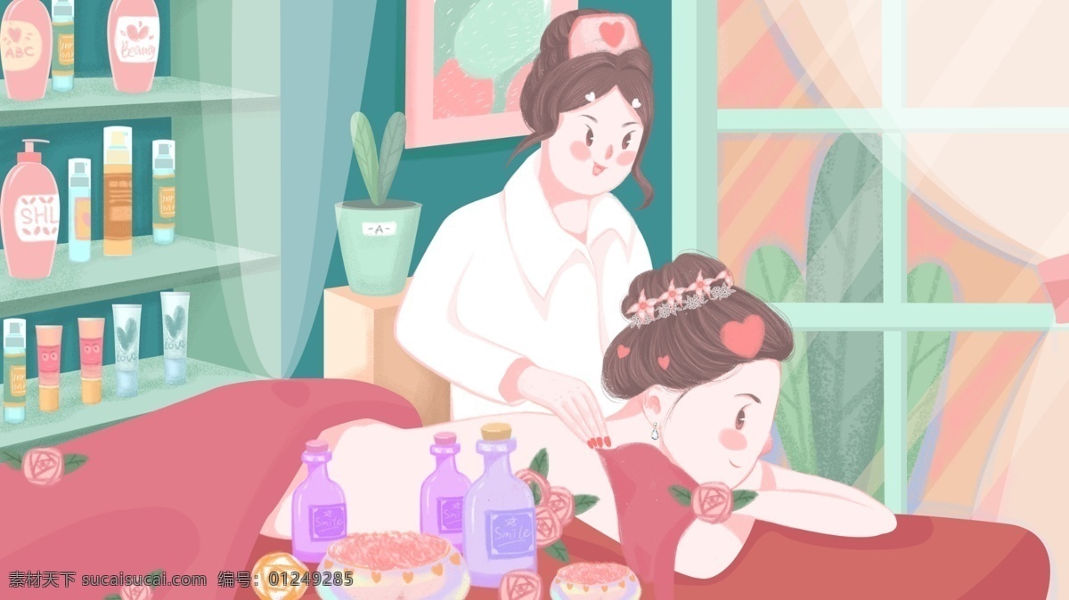 护肤美容 场景 推拿 化妆 挂画 按摩 窗户 清新 插画 护肤品 花瓣 护肤美容场景 spa 美容院 护肤 精油