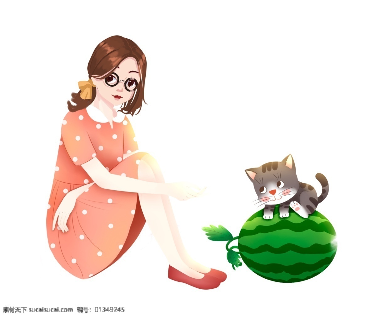 女孩猫咪西瓜 美丽 漂亮 可爱