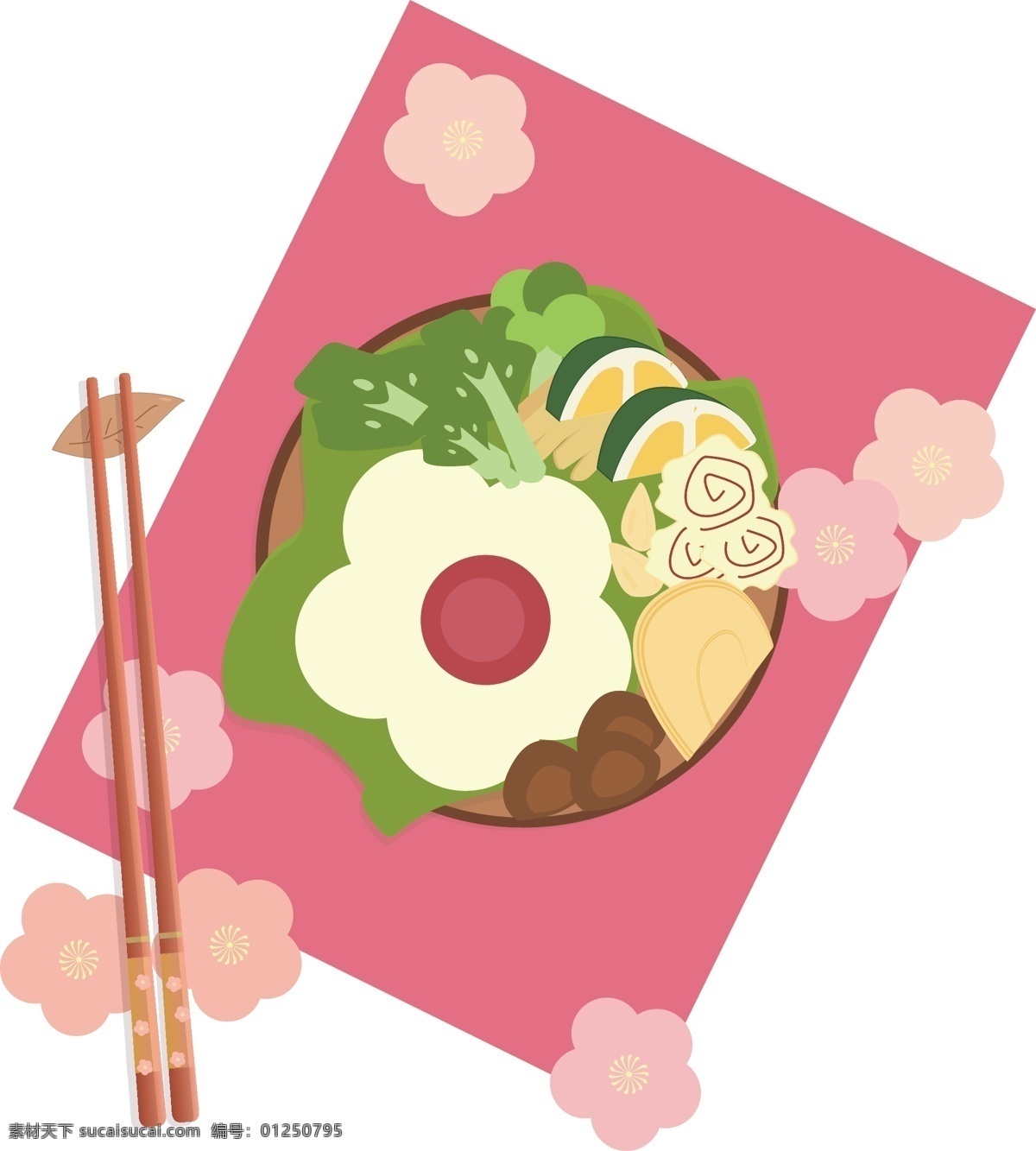 矢量 手绘 卡通 食物 筷子 蔬菜 鸡蛋 香菇 火腿 绿菜 菠菜 香菜 面条 碗 垫子