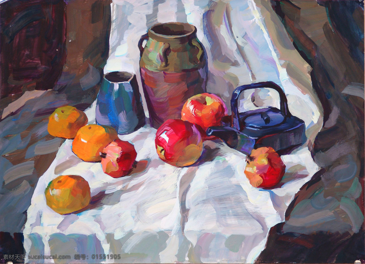 水粉 水粉画 静物水粉 水粉静物 苹果 罐子 橘子 艺术绘画 文化艺术 绘画书法