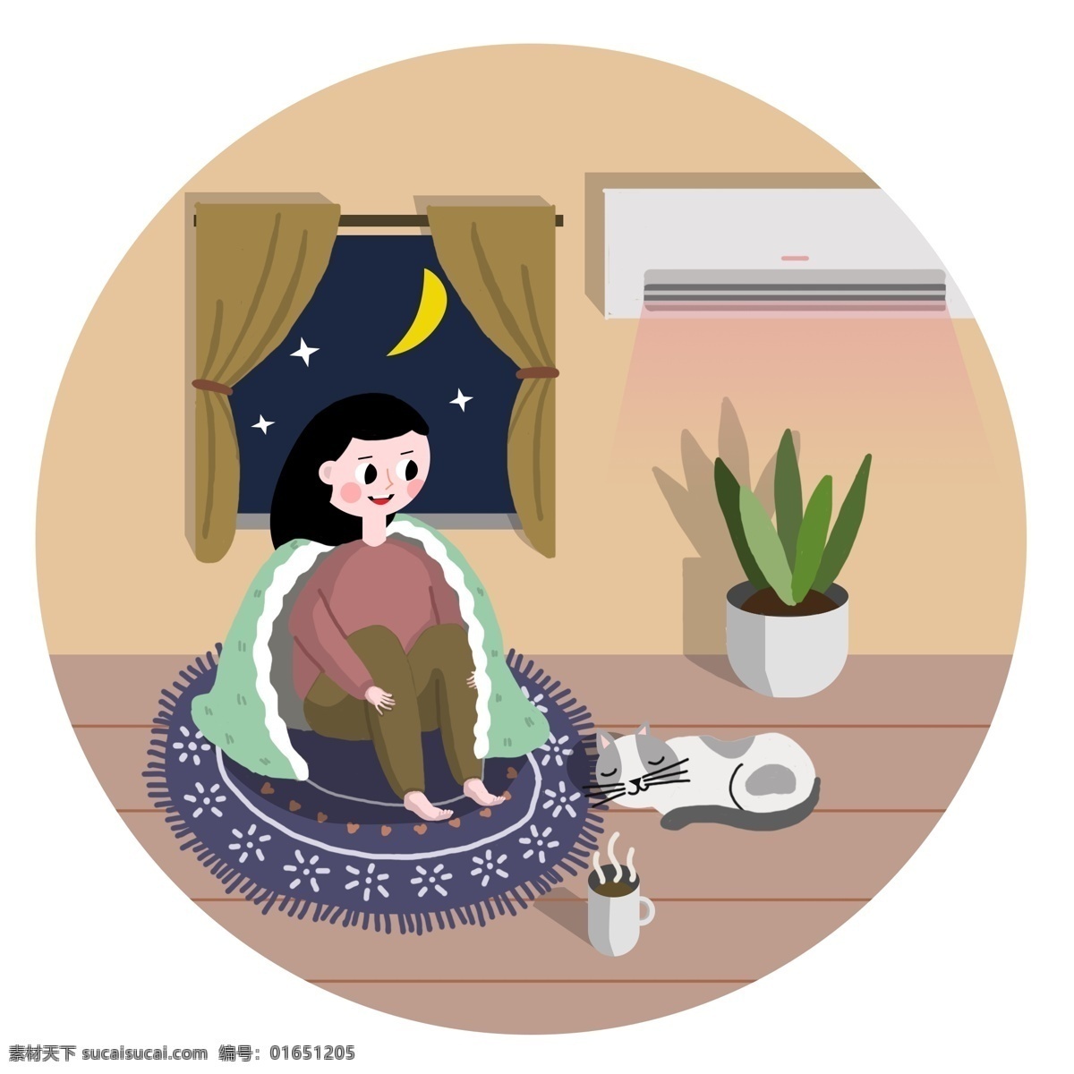 冬天 宅 在家 取暖 窗户 窗帘 月亮 星星 家里 女孩 羊毛毯 空调 热咖啡 水杯 睡觉的猫 绿色植物 花盆