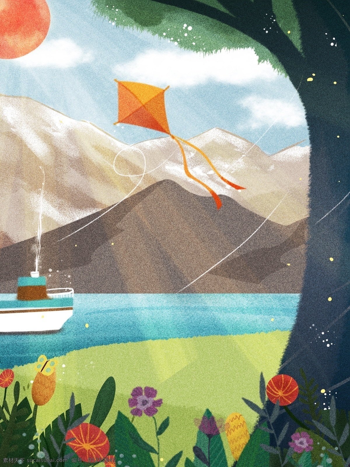 唯美 春天 户外 景色 插画 背景 春天背景 插画背景 手绘背景 绿色背景 唯美背景 树林背景 河边 船