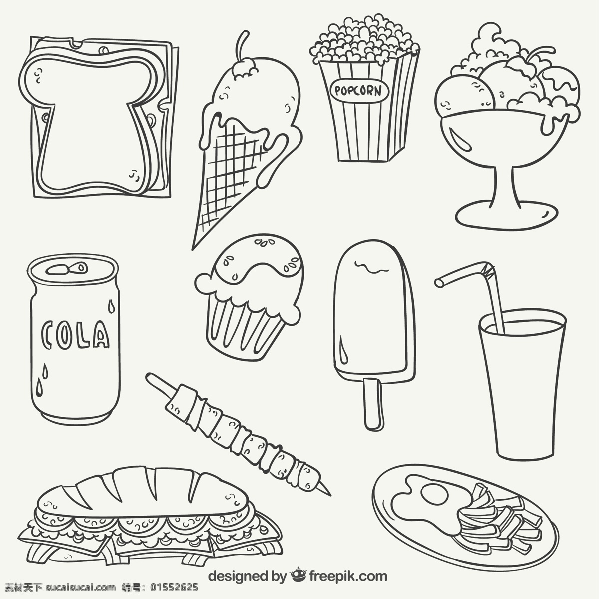 款 手绘 食物 矢量 三明治 冰淇淋 爆米花 冰淇淋杯 雪糕 冰棒 可乐 烤串 薯条 煎蛋 快餐 甜品 矢量图 白色