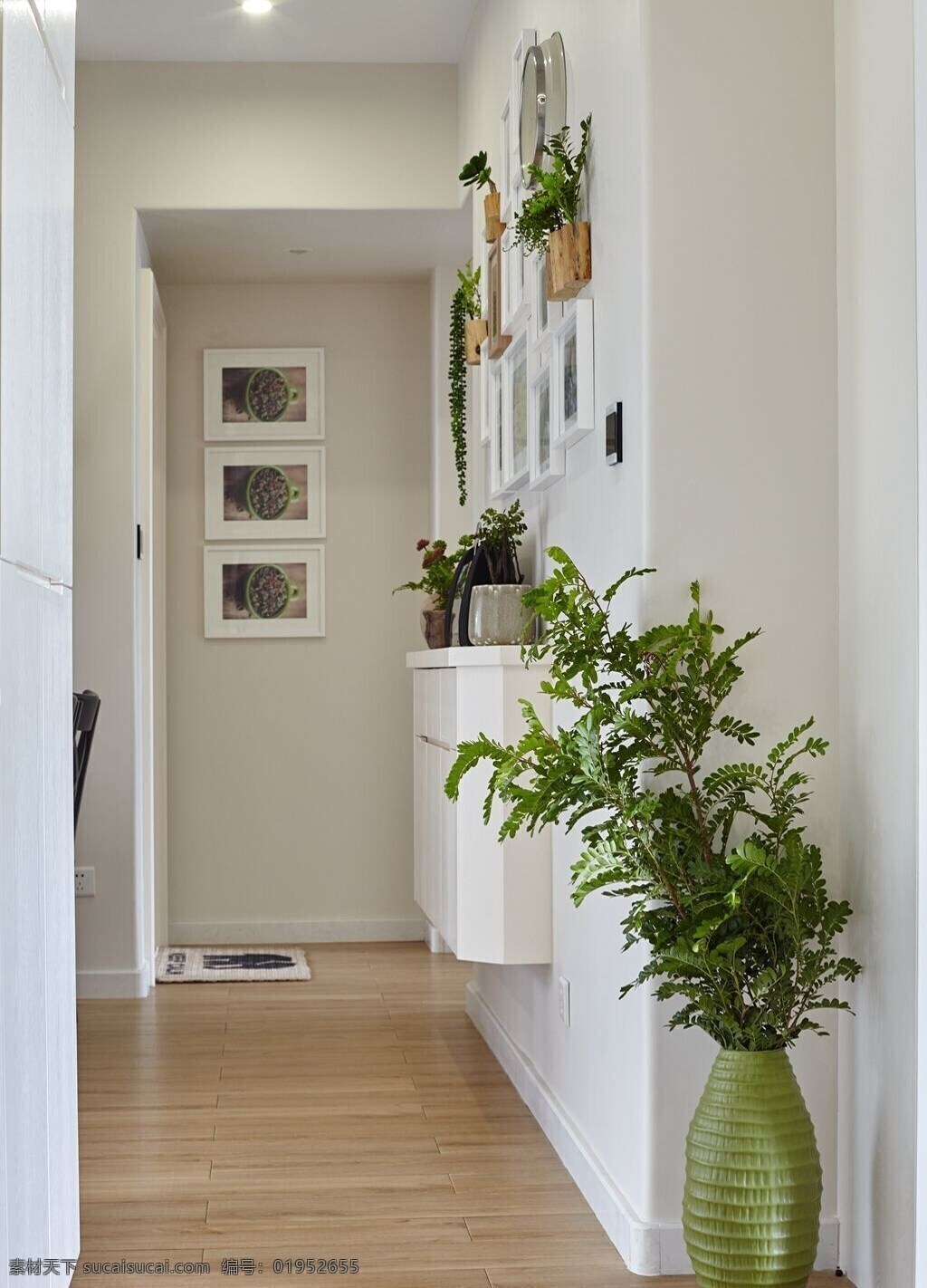 简约 入户 走廊 木地板 装修 效果图 白色墙壁 白色射灯 壁画 方形吊顶 过道 植物 置物柜
