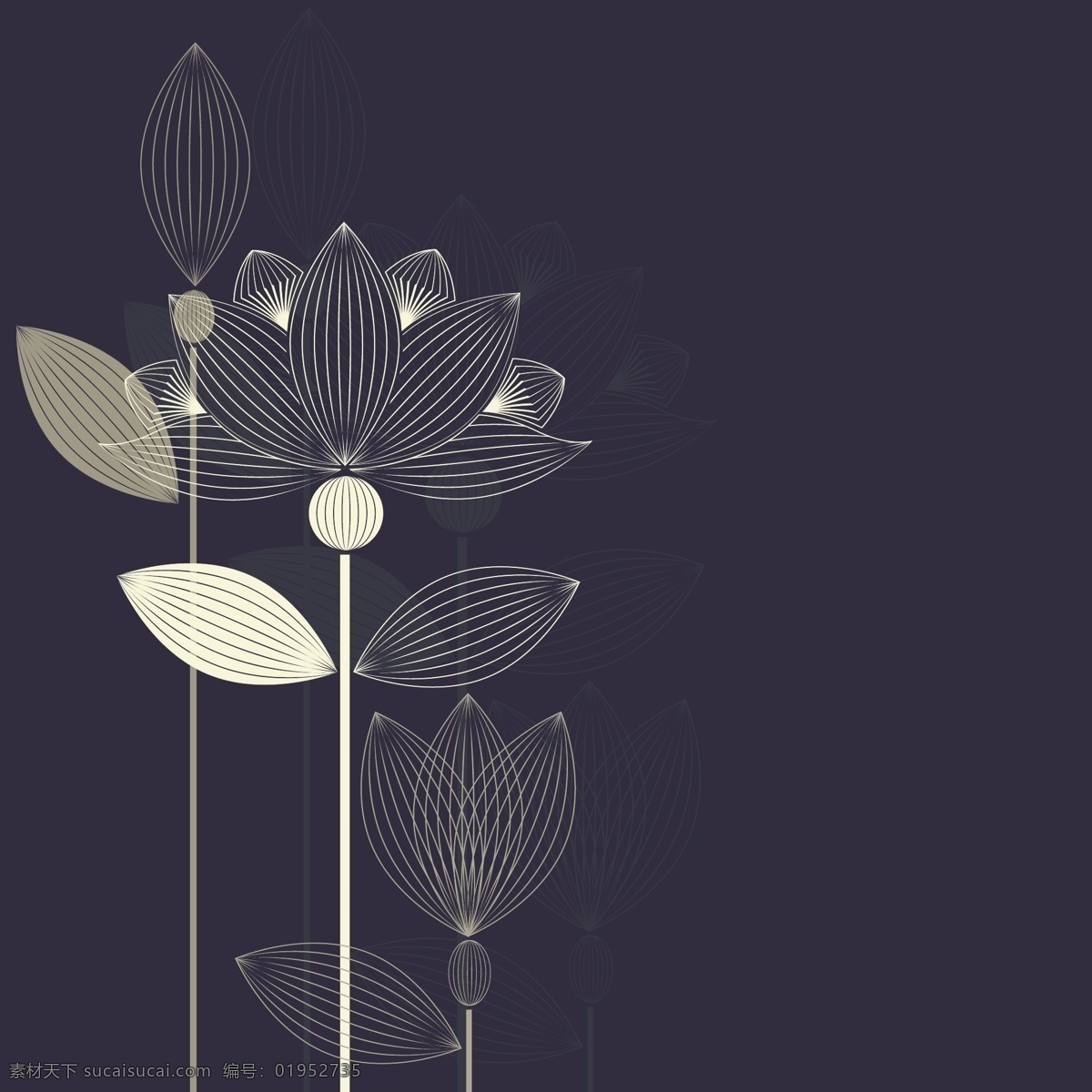 时尚 线条 创意 荷花 插画 抽象 莲花 叶子 植物