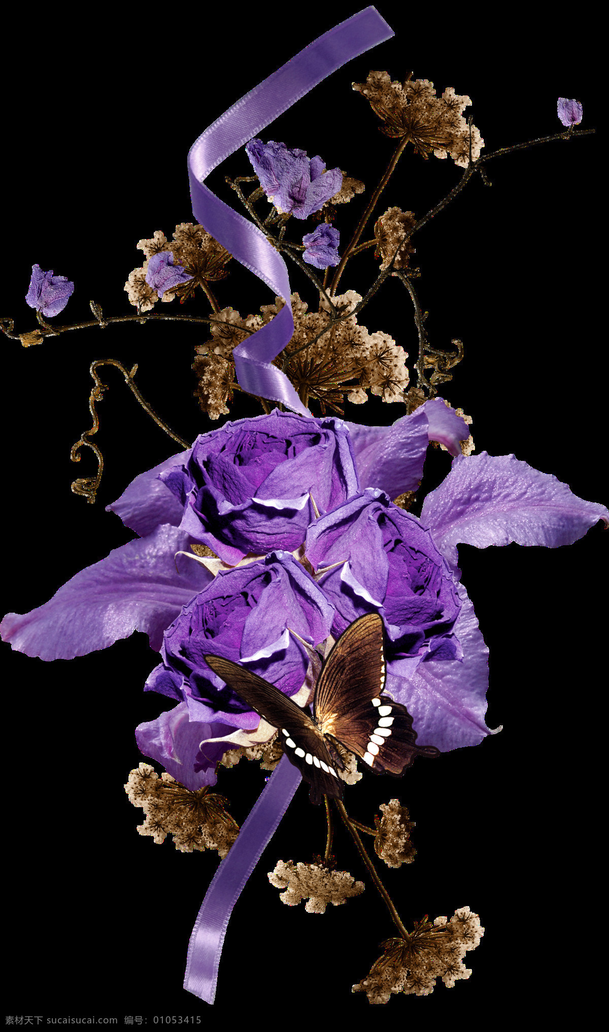 手绘 大气 高雅 干花 花束 透明 玫瑰花 蝴蝶 紫色 枯枝 透明素材 免扣素材 装饰图片