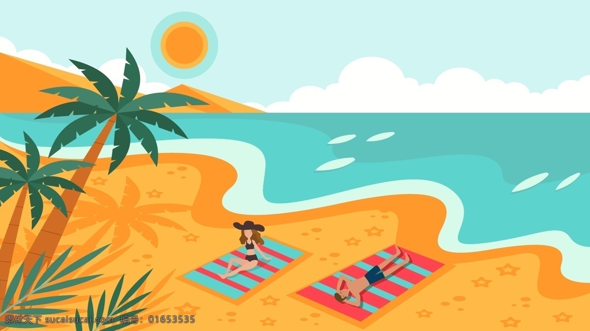 二十四节气 处暑 海边 旅游度假 情侣 矢量 插画 旅游 沙滩 白云 蓝天 海洋 度假 矢量插画 度假的情侣 天空 背景 配图