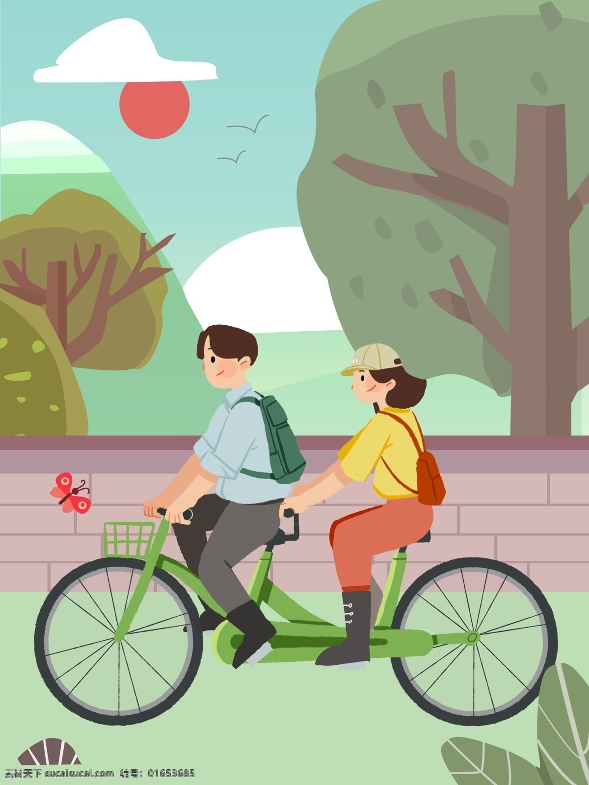 春分 好 时节 适合 春游 插画 小清新 春天 男孩女孩 二十四节气 节气