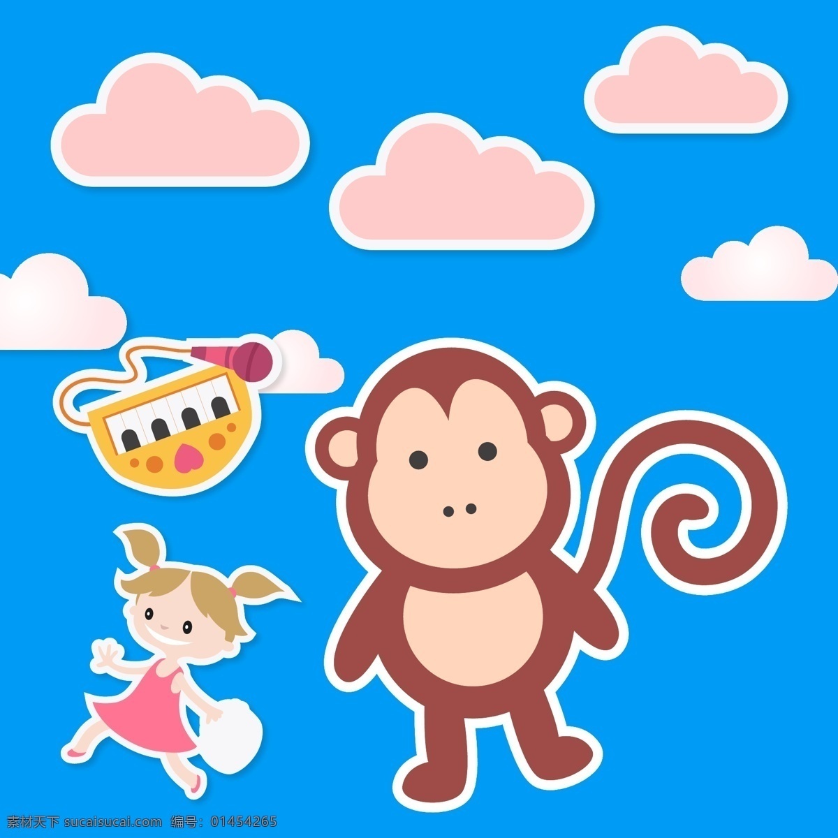 童话故事 猴子 小姑娘 矢量 元素 矢量猴子 蓝色