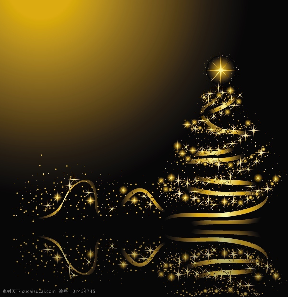 金色 圣诞树 背景 金色圣诞背景 圣诞树精美 璀璨圣诞树 闪亮灯光背景 倒影星星背景 节日新年圣诞 底纹边框 背景底纹 黑色