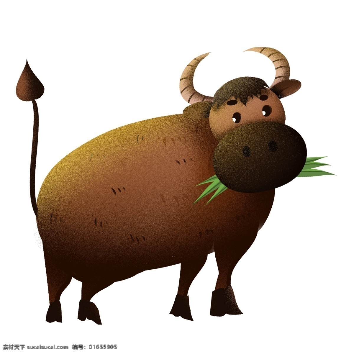 卡通 手绘 一头 吃 草 牛 插画 动物 一头牛 吃草 水牛