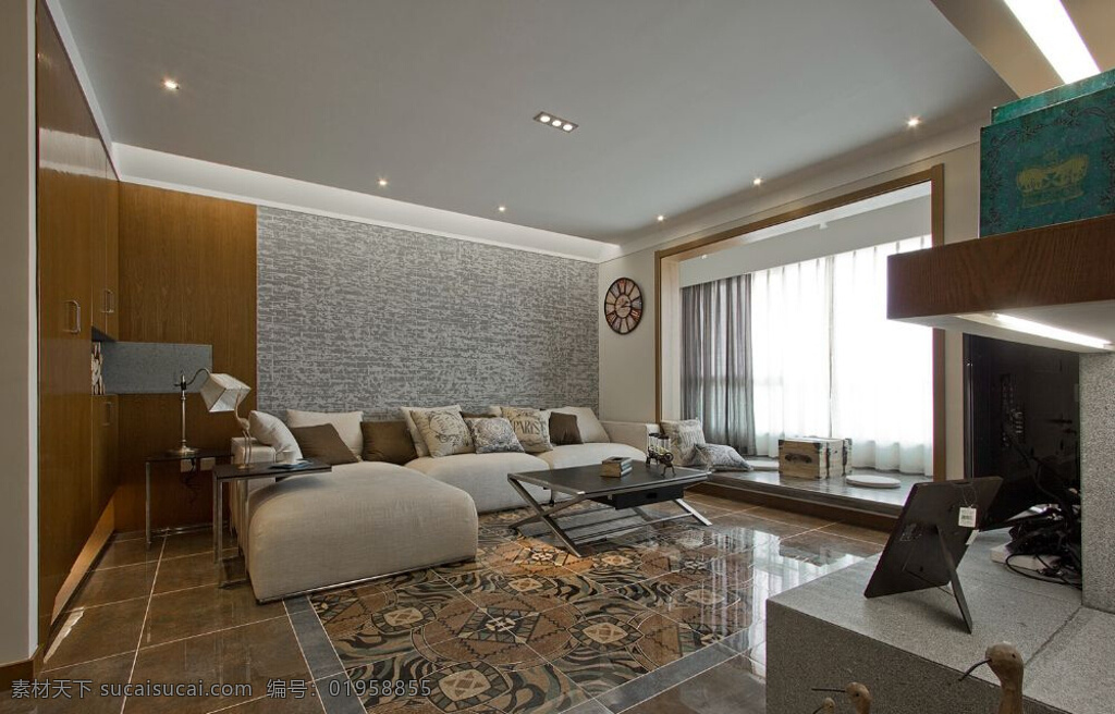 简约 客厅 花纹 地毯 装修 效果图 白色射灯 玻璃窗户 方形吊顶 灰色沙发