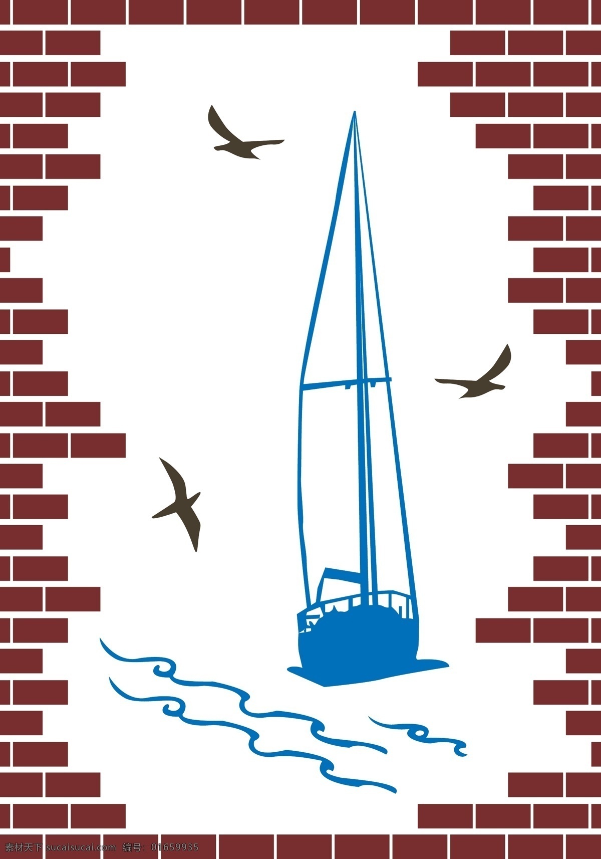 砖头 砖艺 帆船 海鸥 砖 船 玄关 矢量图 背景底纹
