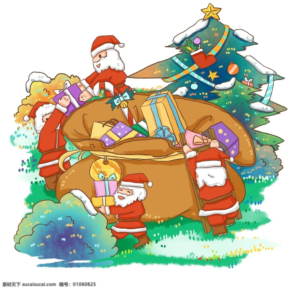 圣诞节 商业 元素 圣诞老人 场景 准备 礼物 传统 人物 节日 西方节日 习俗 包裹 圣诞树 雪景 冬天 欢乐