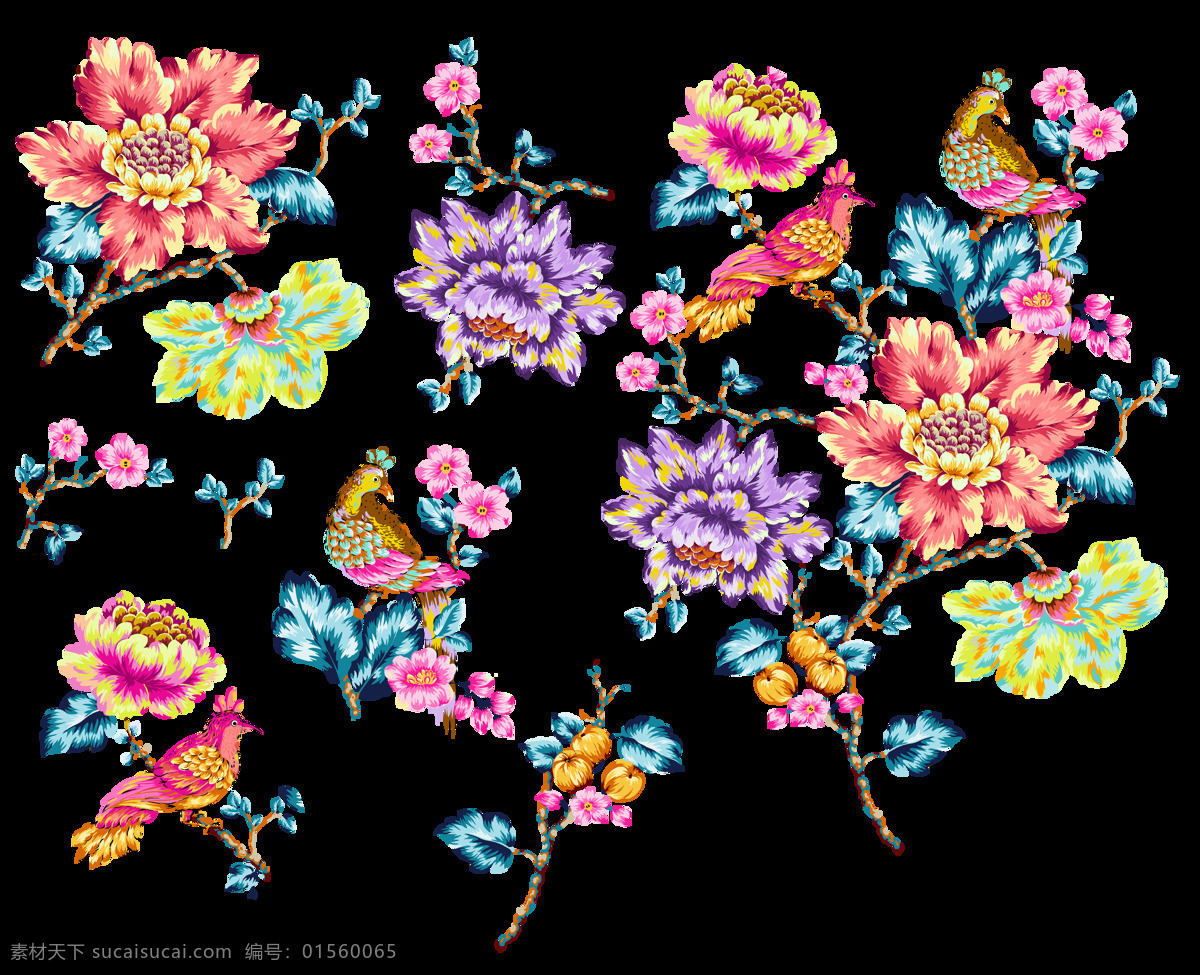 手绘 艳丽 花朵 透明 装饰 图 小鸟 花枝 彩色 水彩 透明素材 免扣素材 装饰图片