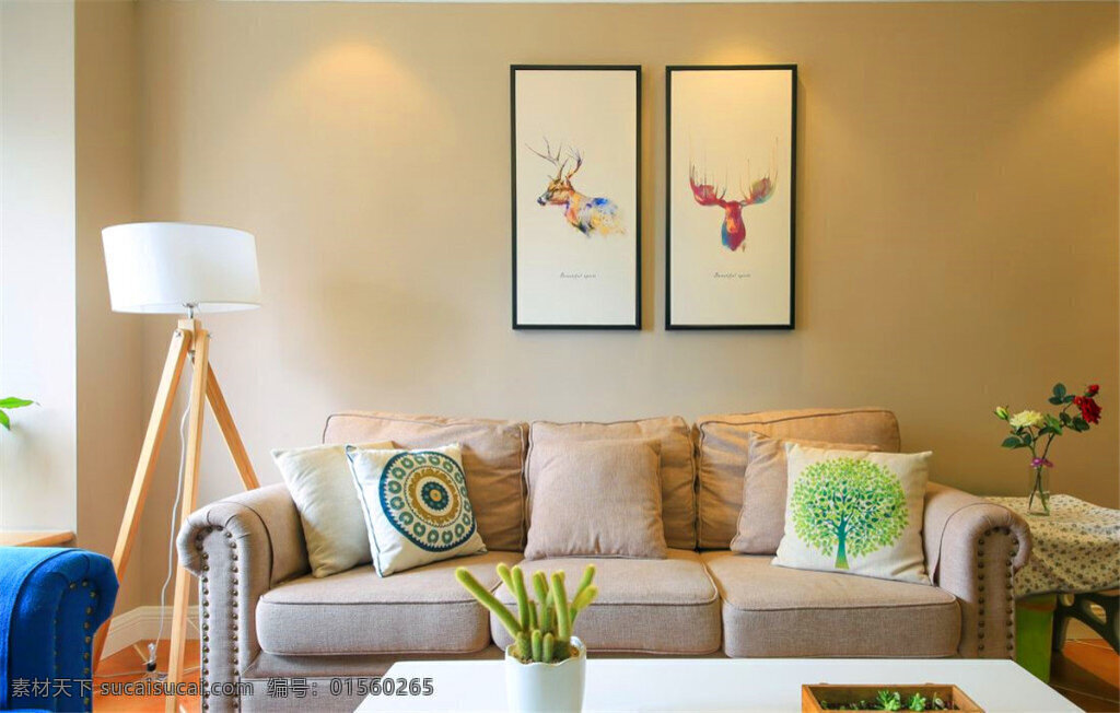 美式 客厅 壁画 装修 效果图 白色茶几 白色射灯 抱枕 壁画装饰 方形吊顶 落地灯 沙发