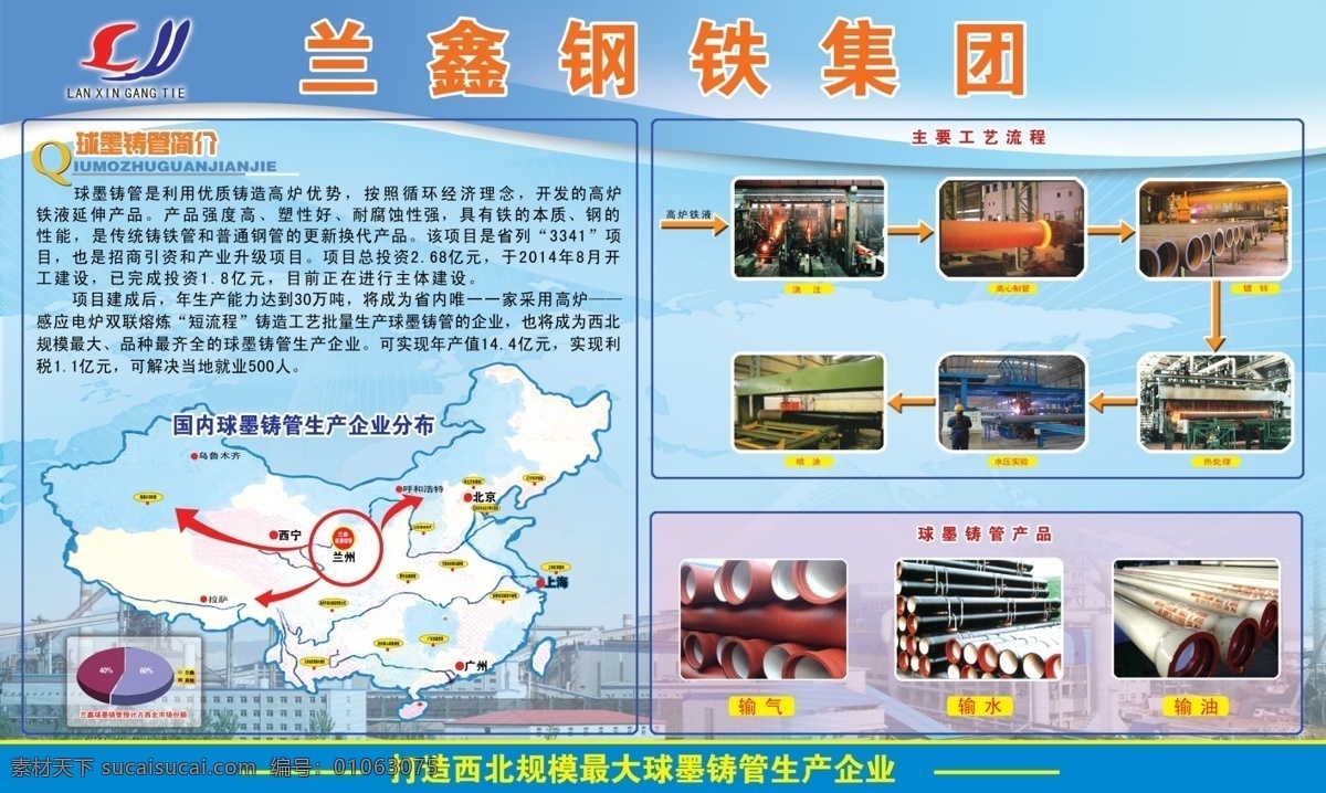 兰 鑫 钢铁 集团 展板 兰鑫钢 铁集团展板 球墨铸管 简介 生产企业 分布图 产品图片 室内广告设计