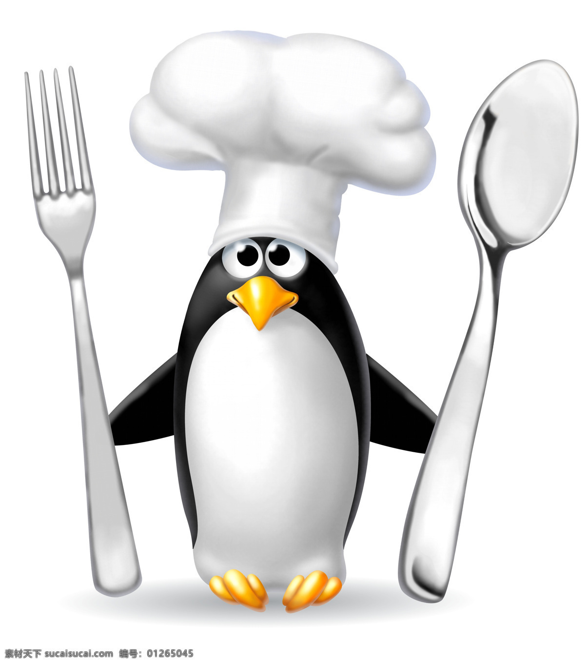 手 餐具 厨师 企鹅 可爱 3d 卡通企鹅 卡通动物 厨师帽 叉 勺子 生物世界