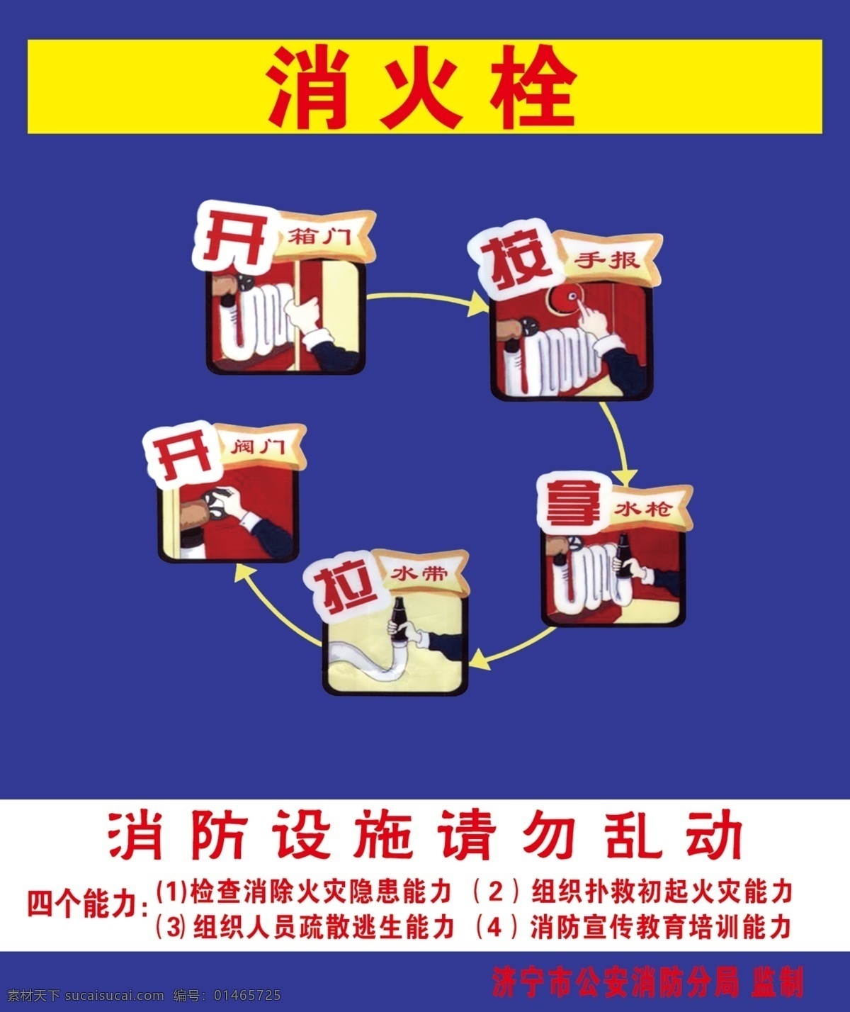 消火栓 操作图解 消防设施 蓝色 开箱门 按手报 拿水枪 拉水带 开阀门 分层