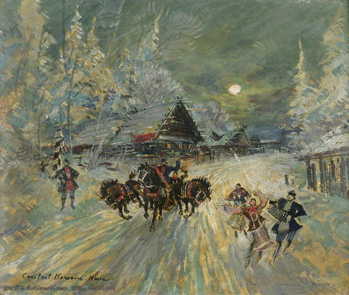 房屋 绘画书法 马车 树 文化艺术 油画 月亮 冬夜设计素材 冬夜模板下载 冬夜 俄罗斯民众 载歌载舞 冰面 20世纪油画