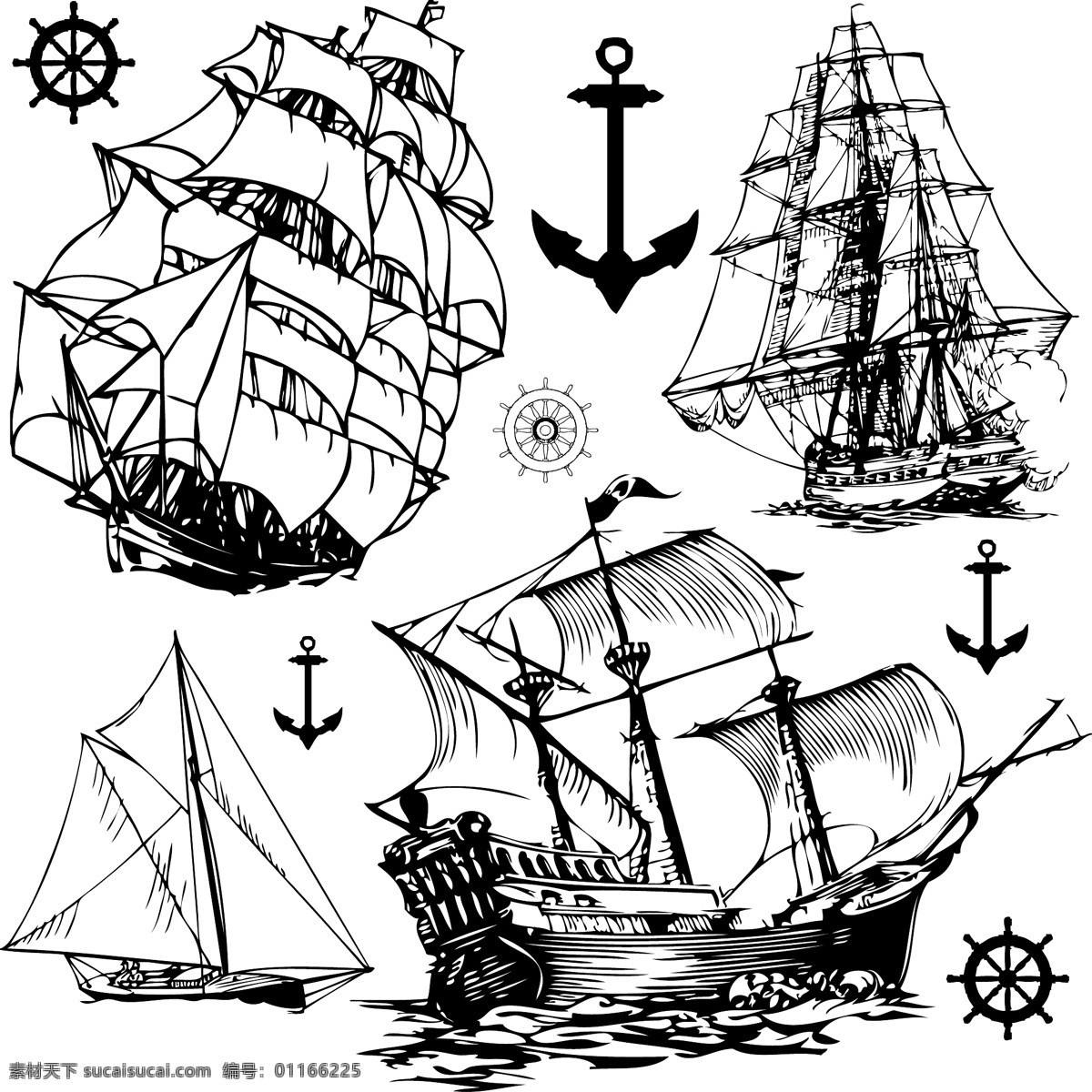 轮盘 帆船 矢量帆船 海盗船 锚 帆船绳索 黑白帆船 舵手 轮舵 零售素材