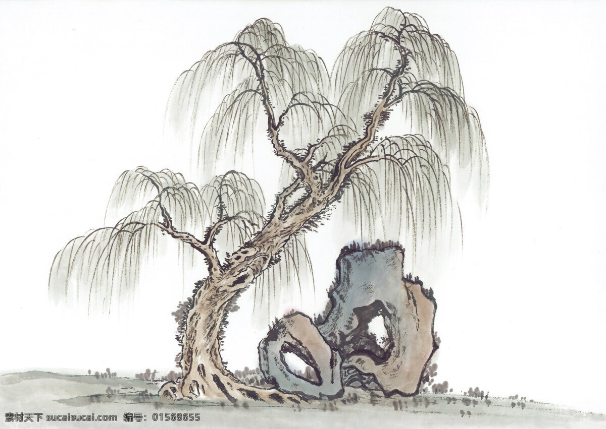 柳183石 国画 山石 植物 柳树 文化艺术 绘画书法 国画山石植物 设计图库
