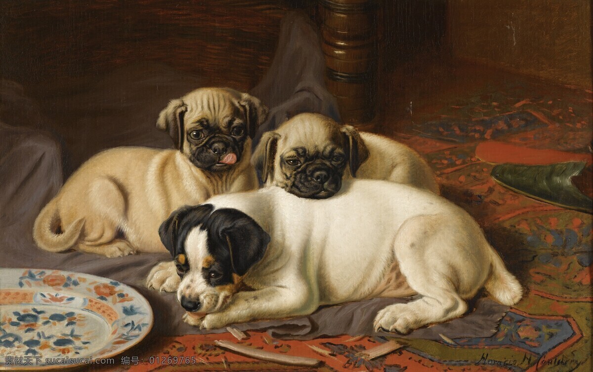 绘画书法 盘子 亲密 文化艺术 油画 三 只 小狗 设计素材 模板下载 三只小狗 贵族之家 19世纪油画