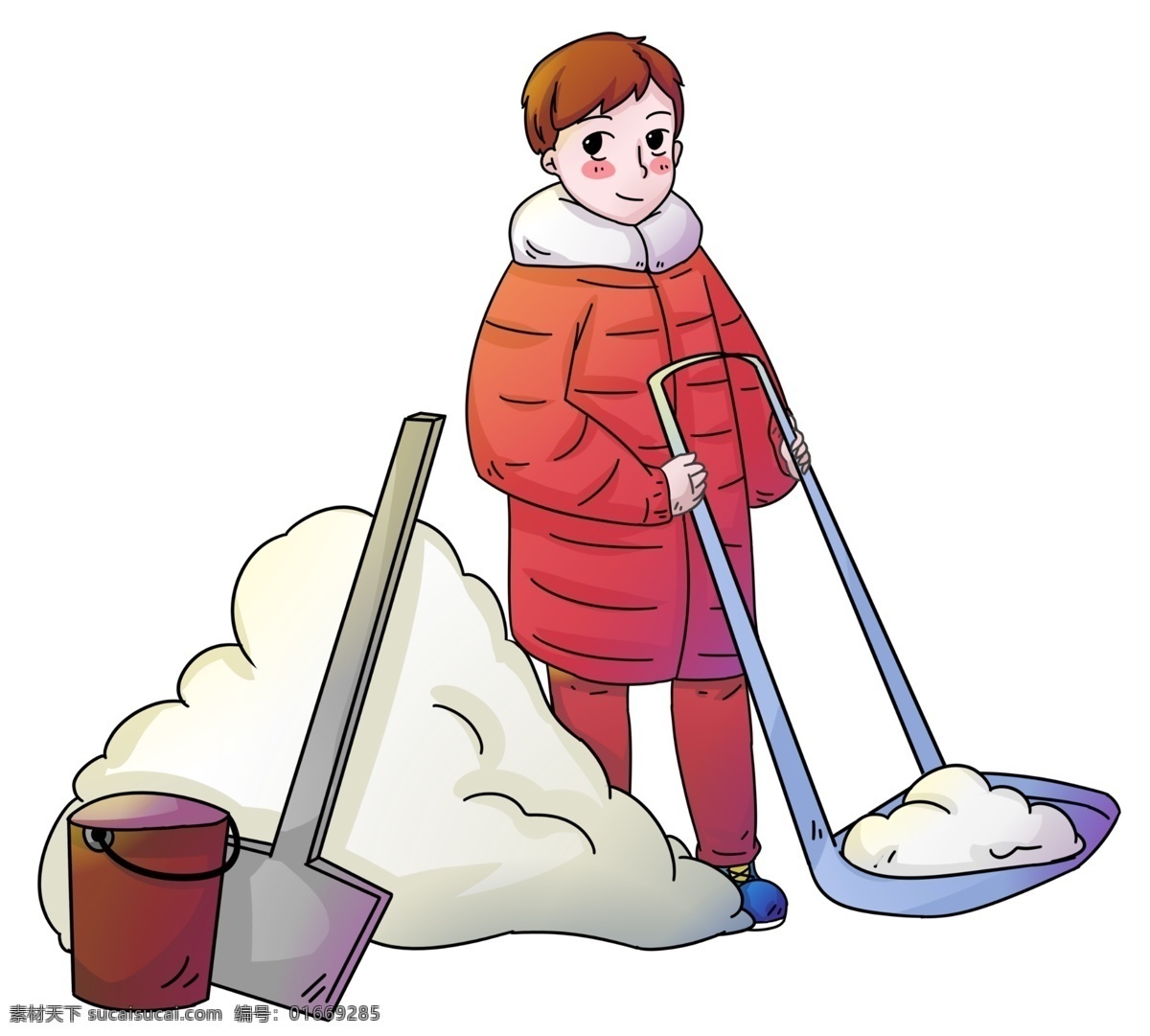 手绘 冬季 扫雪 男孩 人物 插画 下大雪 雪地 落雪 除雪 穿红衣男孩 扫雪男孩 卡通男孩 人物插画