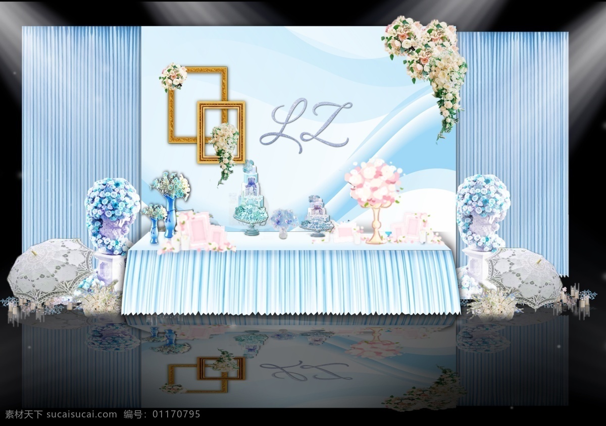 蓝色 温馨 简约 婚礼 签到 区 灯光 渐变背景 布幔 花条 照片框 花球 罗马柱 甜品桌 粉色 白色