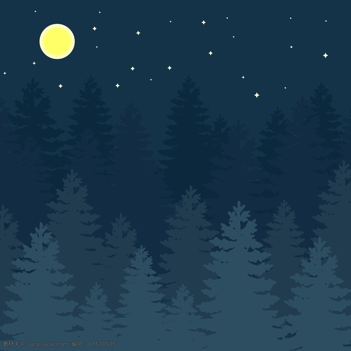 ai格式 森林 矢量素材 手绘森林 手绘树 树木 星空 夜晚 夜晚插画 月亮 矢量 插画