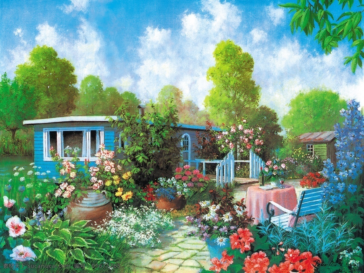 传统文化 大地 风景 树木 天空 文化艺术 油画 房子 设计素材 模板下载 油画房子 家居装饰素材