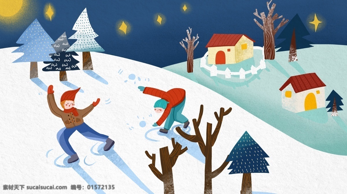 冬季 雪景 男孩 雪地 里 嬉笑 打闹 唯美 清新 插画 游戏 玩耍 雪仗 房屋 村庄 树木
