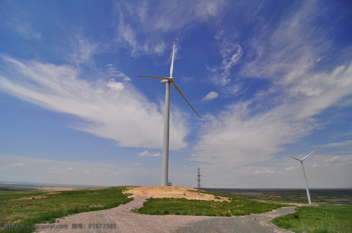 蓝天 下 风力 发电 风力发电厂 草地 白云 小路 摄影图片 原创 现代科技 工业生产 电力生产 风力发电
