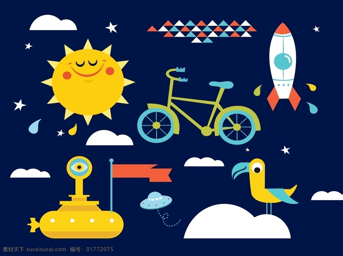 童趣 插画 矢量 格式 含 预览 图 关键字 太阳 云朵 鸟 卡通 飞船 潜水艇 自行车 矢量图 日常生活