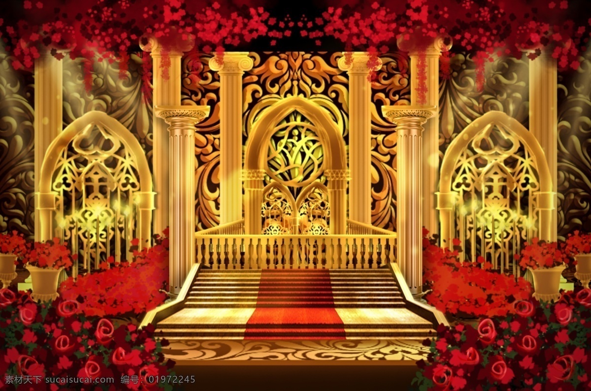 欧式 红 金 罗马柱 拱门 层次 婚礼 效果图 欧式建筑 婚礼效果图 红金色 欧式拱门 syjpx