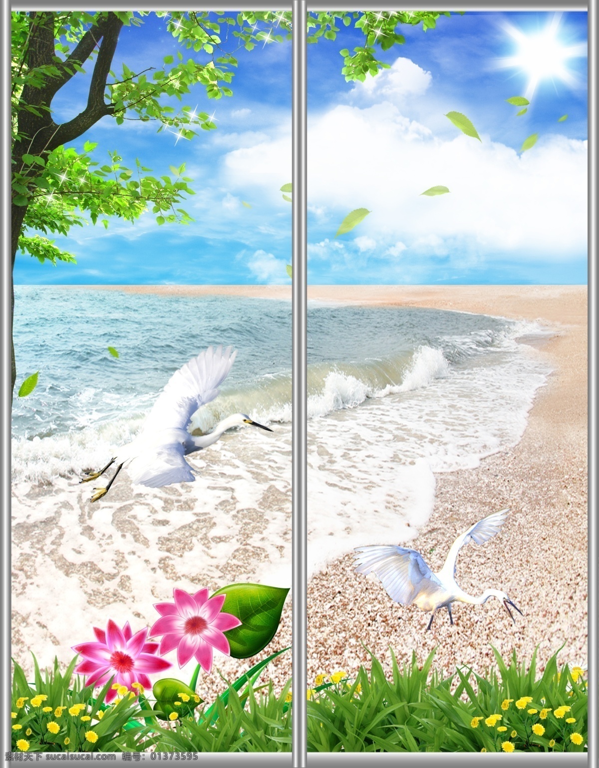 草丛 大海 大树 丹顶鹤 风景 广告设计模板 海边 花朵 移门 图案 模板下载 移门图案 移门汇 移门图 云朵 沙滩 花卉 仙鹤 源文件 装饰素材