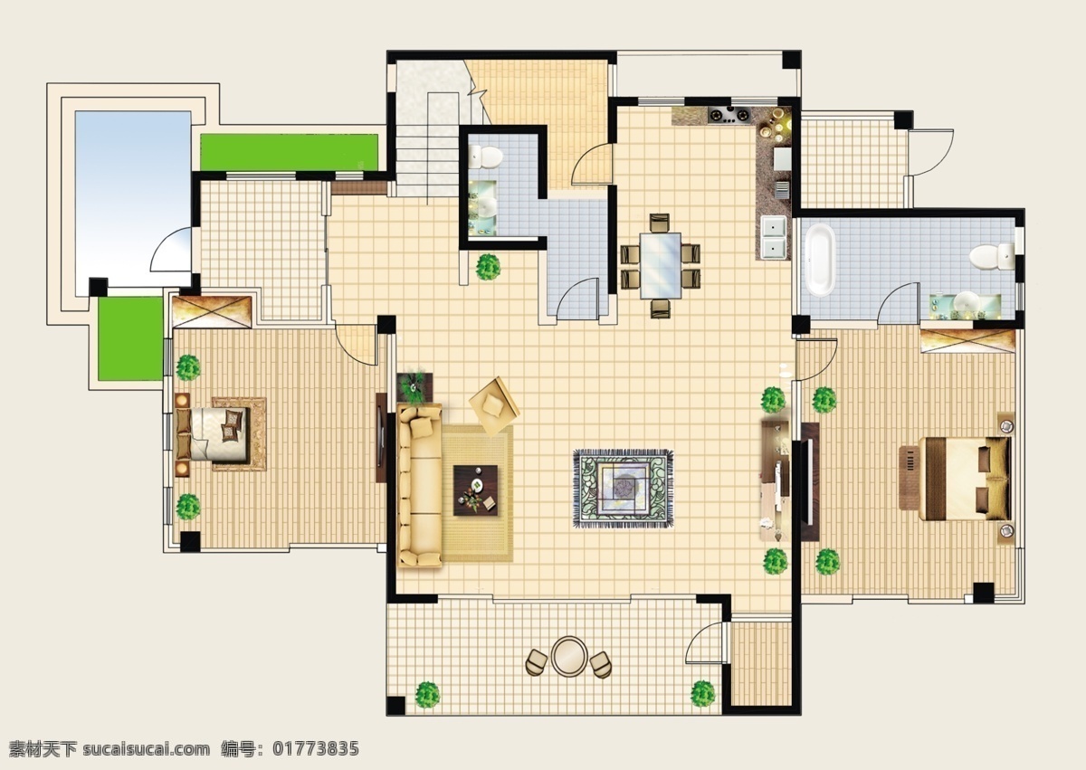 户型 图 分层 地板 户型图 沙发 源文件 植物 床铺 装饰素材 室内设计