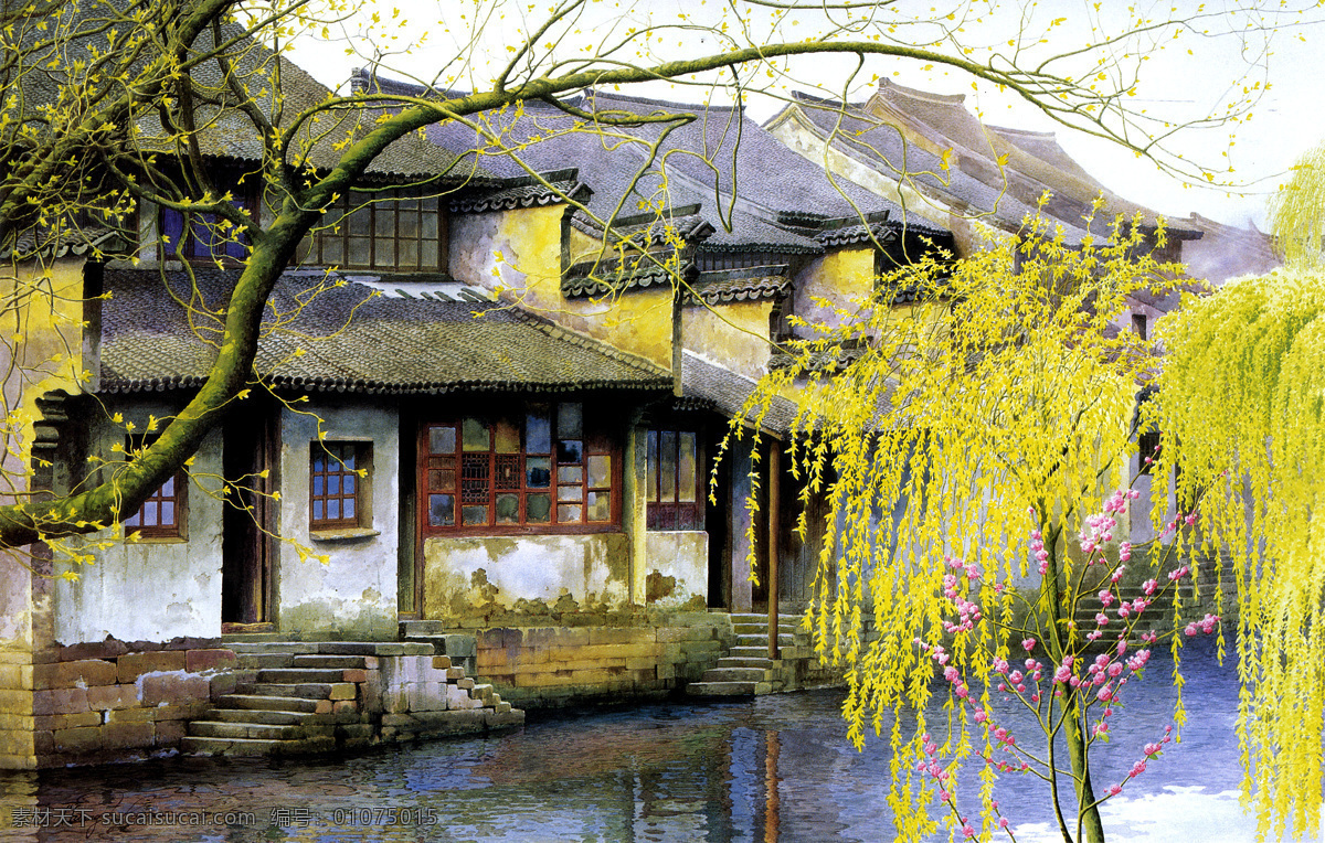江南水乡 古代建筑 民房 老房子 实真油画 油画风景 乡村风景 绘画书法 文化艺术