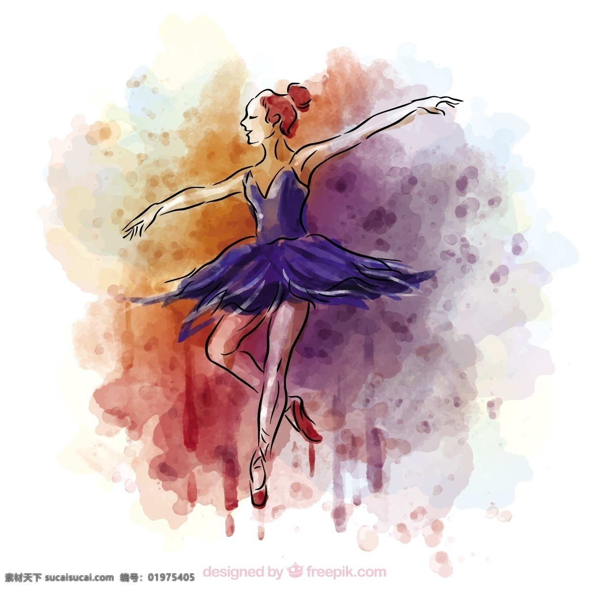 水彩画 芭蕾 舞者 一方面 飞溅 舞蹈 手工绘制的 艺术的 可爱的 优雅的 绘画 性能 得出 运动 艺术 素描 写生 白色
