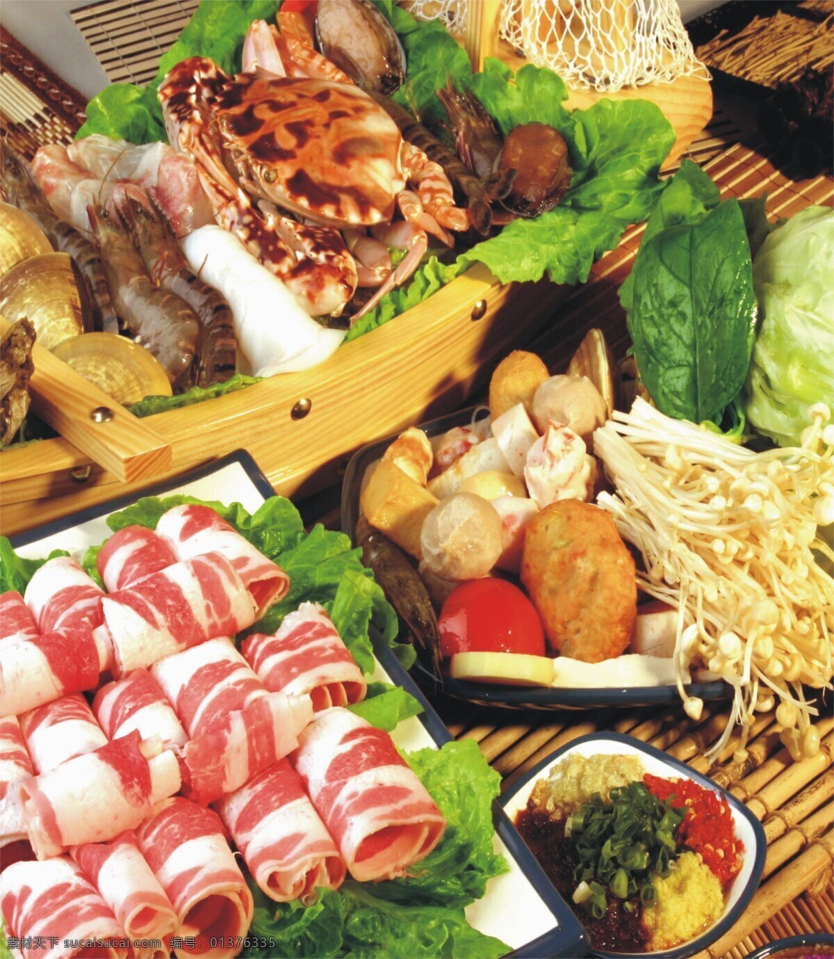 餐饮 餐饮美食 传统美食 海鲜 火锅 金针菇 螃蟹 羊肉 虾 丸子 psd源文件