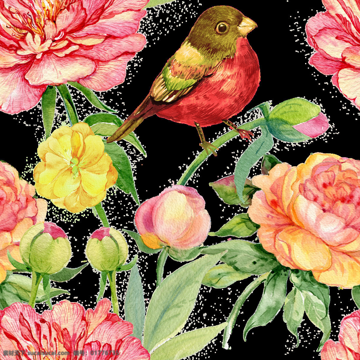 手绘 站 花梗 上 喜鹊 透明 粉红色 红色 花苞 黄色 绿色 免扣素材 水彩花 透明素材 叶子 装饰图案
