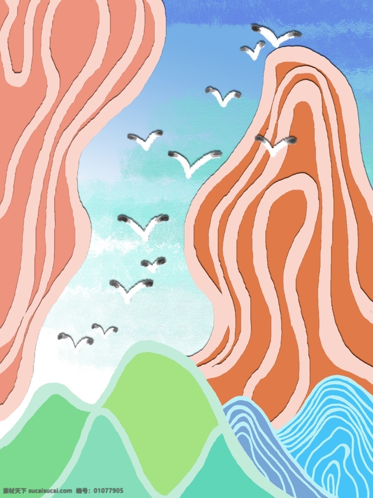 简约 手绘 飞翔 海鸥 客厅 装饰画 一联画 蓝天手绘 简约清新 粉色线条山 创意彩色山石